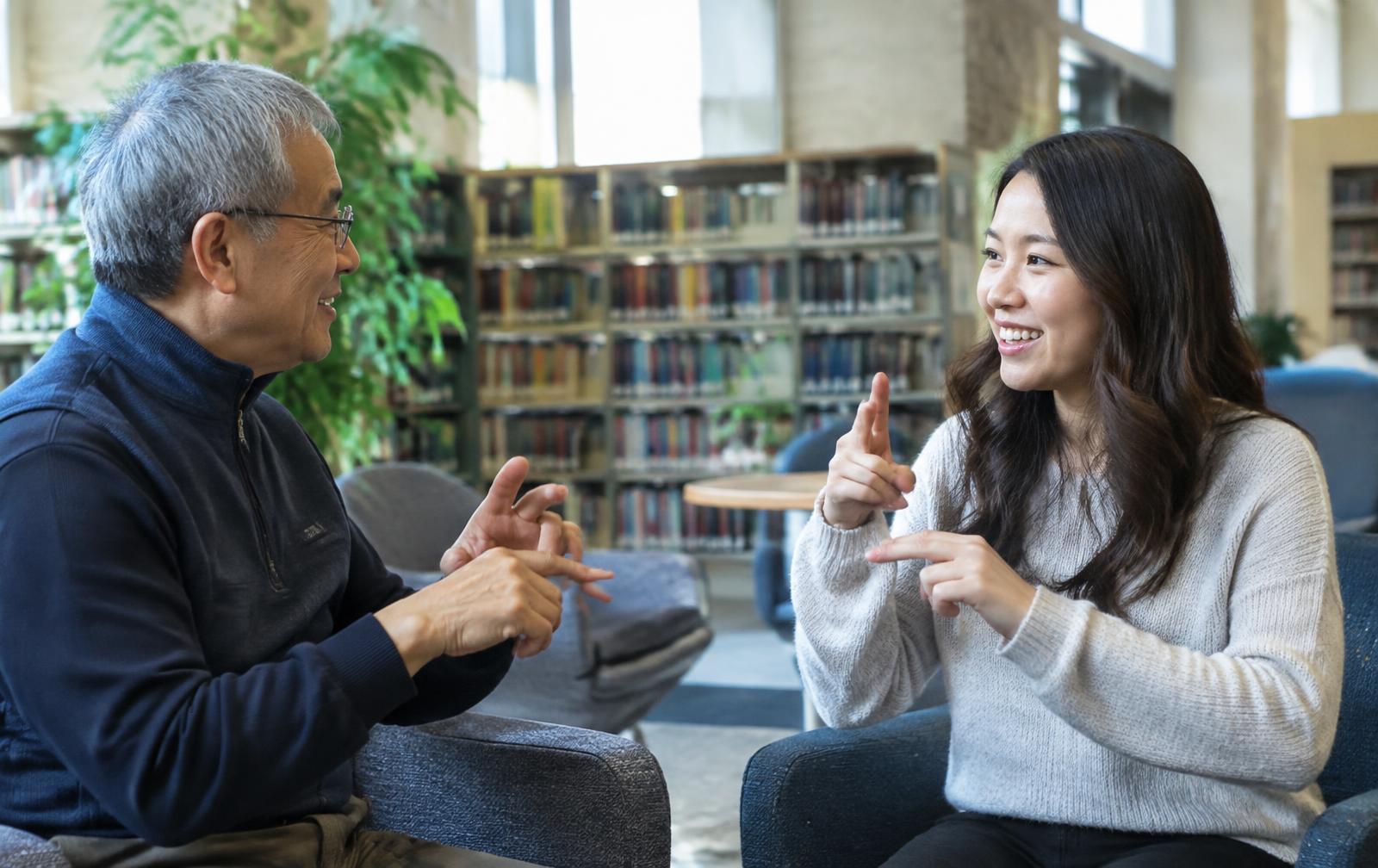 An older man and a young woman signing warmly in a library reading area