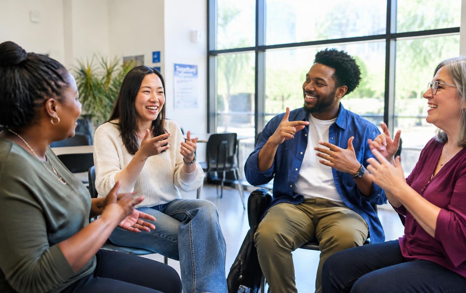 A diverse group of Deaf adults smiling and conversing in American Sign Language in a bright community space