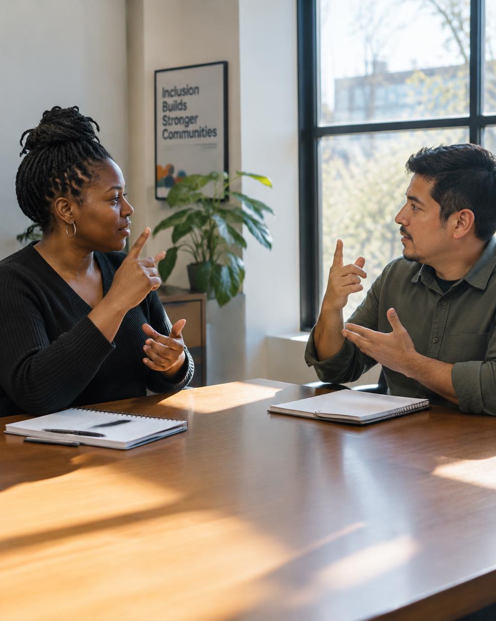 Two colleagues signing to each other across a sunlit table with notebooks