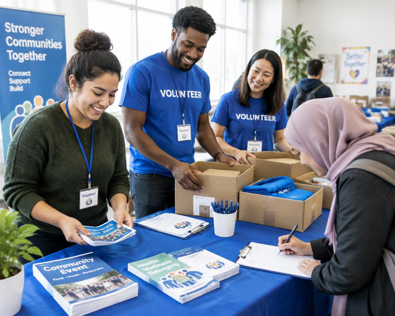 Volunteers welcoming a visitor at a community resource table