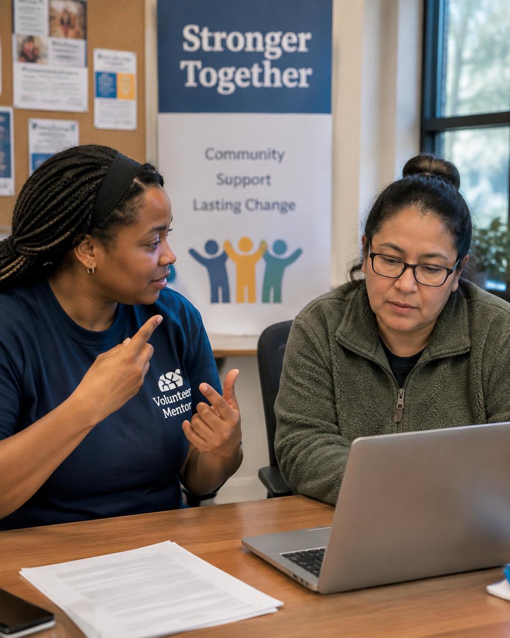 A volunteer mentor signing with an adult learner reviewing information on a laptop