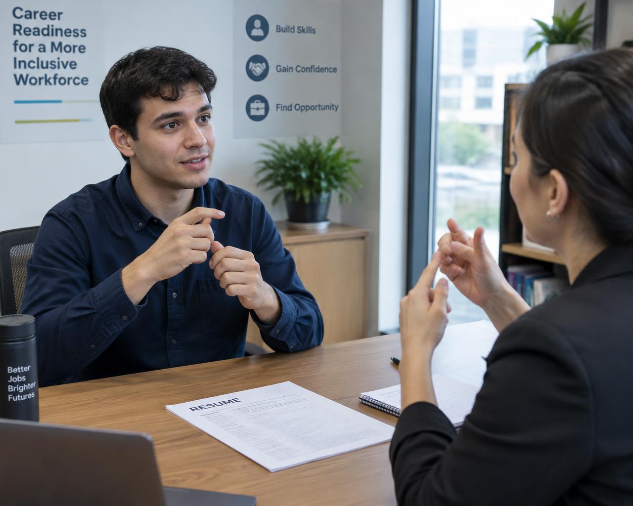 A young man practicing interview conversation in sign language with a mentor, a resume on the table